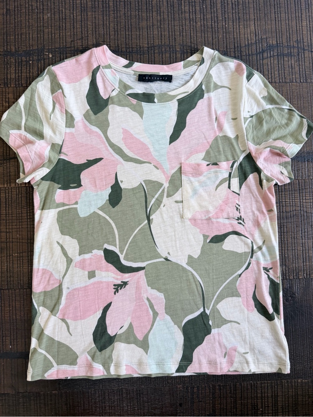 Sanctuary Cotton Blend Pink & Green Floral Slub Pocket Front Tee, Sz Medium - Picture 6 of 9